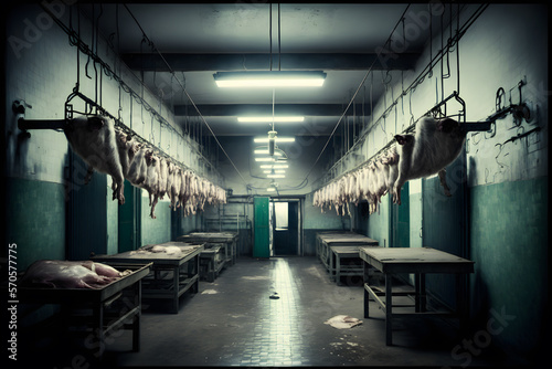 A lot of half cow chunks fresh hung and arranged in a large fridge in the abattoir fridge meat industry. Neural network generated art