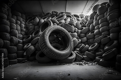 Big pile of used old car tires for recycling. Neural network generated art