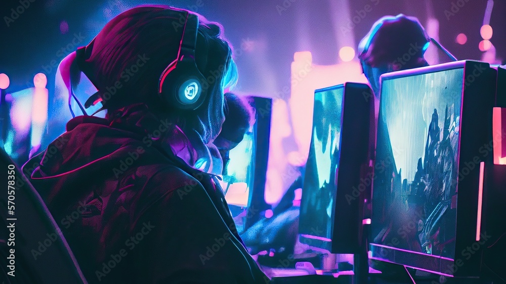 Professional esports team playing video game at major international event. Generative AI Professional esports team playing video game at major international event. Generative AI