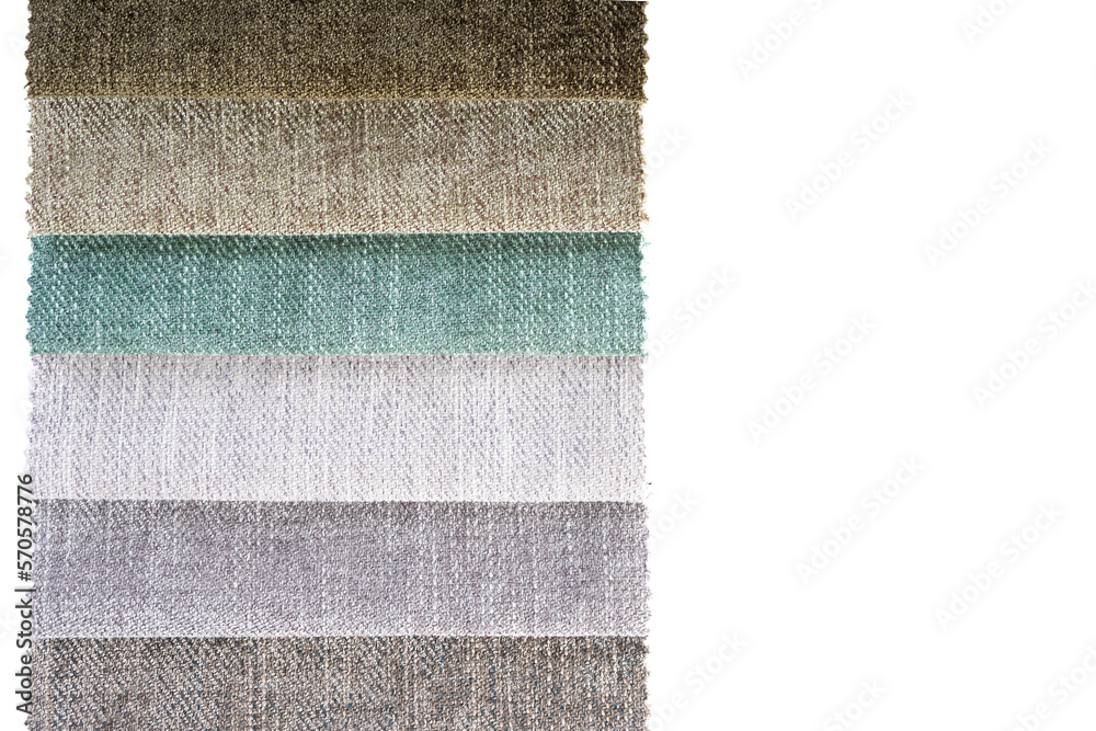 Fototapeta premium Colorful textile samples, isolated on white background. Fabric swatches, set in different colors for selection. Variety of upholstery material for furniture and interior. Banner, header, copy space