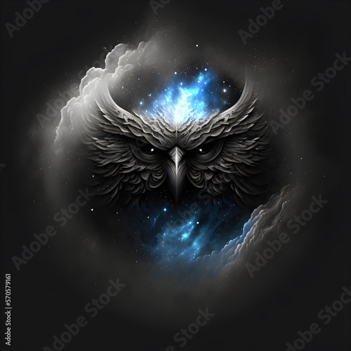 image of an owl or a crow  in the style of a logo  languid tones and blue color  the spirit of a bird  a logo  mysticism. Smoke and space