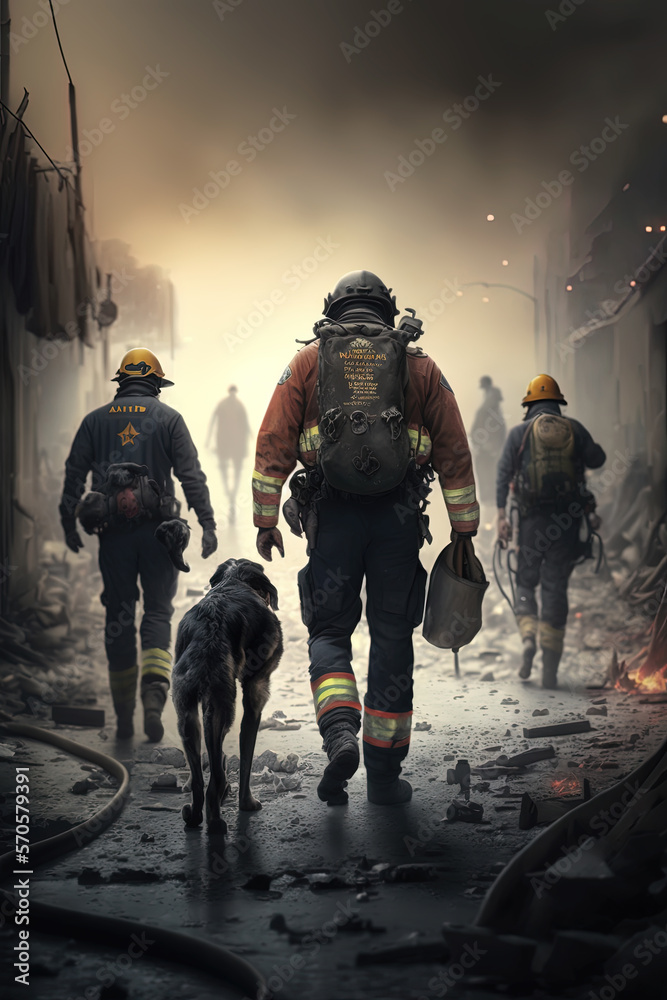 Fototapeta premium Volunteer firefighter and trained dog working rescuing people and saving lives in a city affected by an earthquake. Solidarity and humanitarian aid concept against natural disasters. Ai generated art