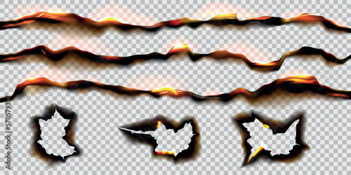Back paper ashes. Burned pages. Retro broken sheets. Scorched scroll edges. Fire destroyed effects set. Ripped parchment texture. Rough borders. Flaming holes. Vector realistic background