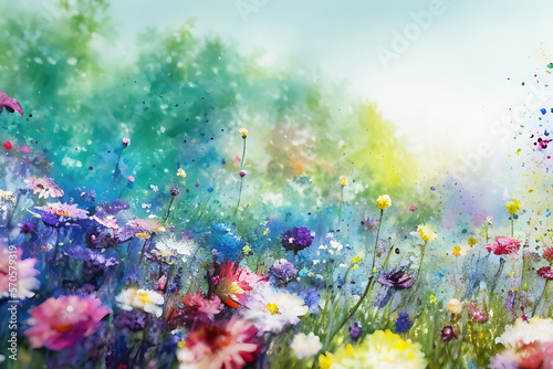 Watercolors flowers background, abstract flowers made from whatercolor paint splashes, 3d illustration impressionism style. Generative AI. photo