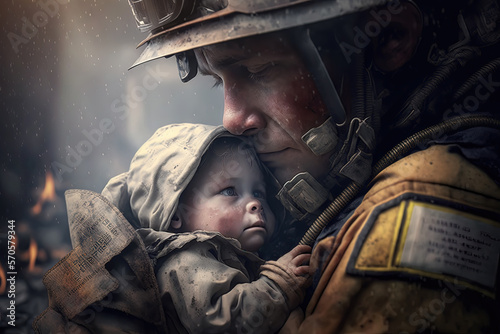 Emotional image of a volunteer firefighter tenderly holding a baby rescued from an earthquake. Concept of solidarity and humanitarian aid against natural disasters. AI generated art