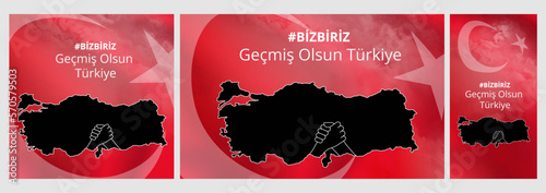 Pray for Turkey earthquake. Turkish: Geçmiş olsun Türkiye. Map of Turkey in color of national flag with cracks. Help, solidarity Maras, Hatay Turkey earthquake. Pray for Turkey Vector illustration
