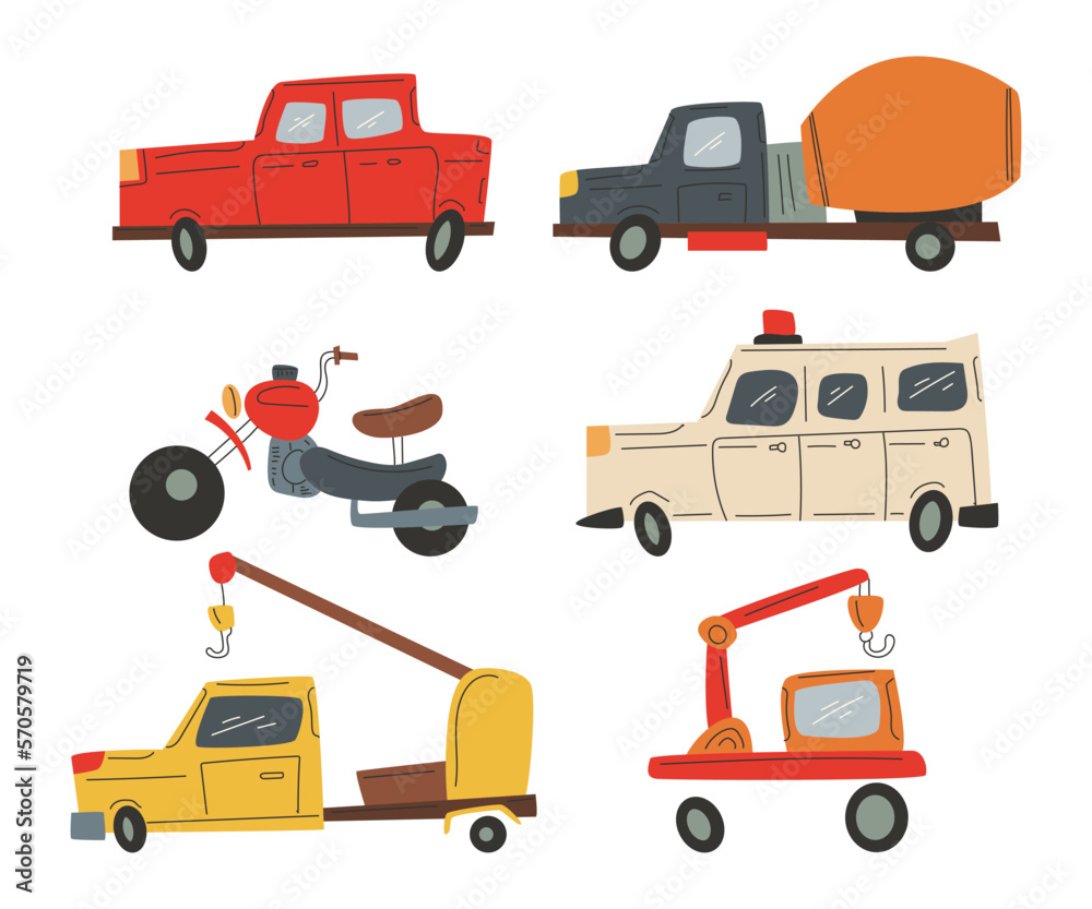 Kids cars for print vector cartoon set isolated on a white background.