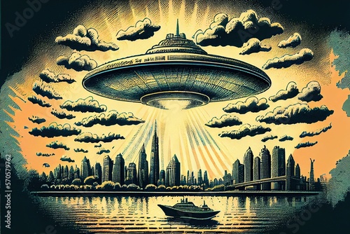 Alien invasion, UFO flying in the sky, concept of evidence and sighting, retro illustration. Generative AI