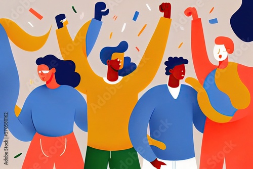 Minimalist art illustration of people celebrating victory, raising fists with excitement. Generative AI