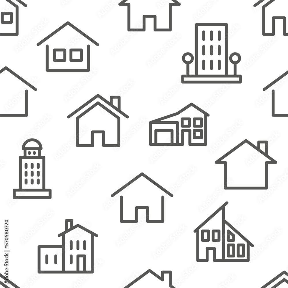 Hand drawn house pattern. Scribble home. Village community. Textured countryside items. Architecture icons. Residential buildings. Cottages or apartments. Vector seamless background