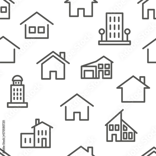 Hand drawn house pattern. Scribble home. Village community. Textured countryside items. Architecture icons. Residential buildings. Cottages or apartments. Vector seamless background