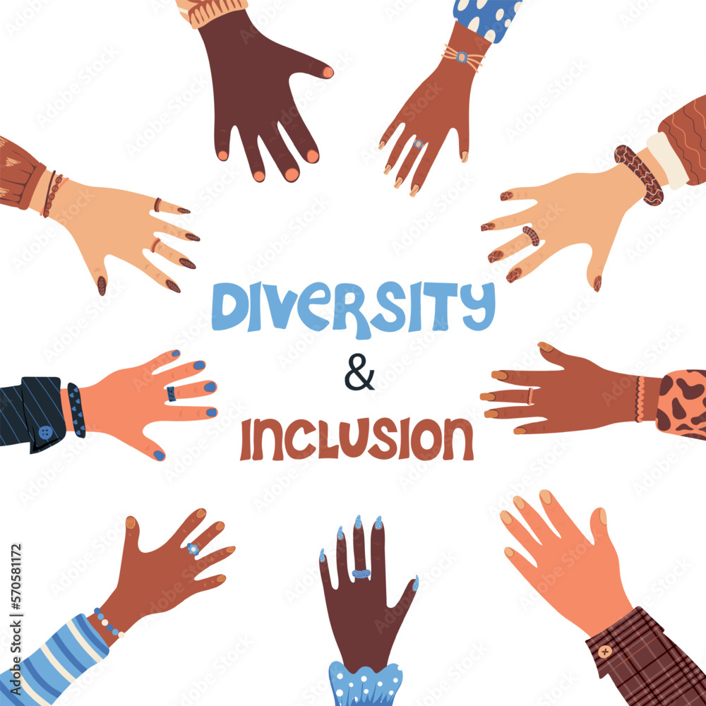Hands of diverse group of people together. Concept of diversity and inclusion. Racial equality and anti-racism. Multicultural society. Friendship. Vector illustration Hands of diverse group of people together. Concept of diversity and inclusion. Racial equality and anti-racism. Multicultural society. Friendship. Vector illustration