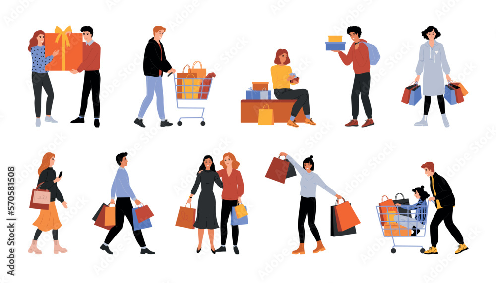 People shop in retail. Buyers with bags and carts. Persons making purchases. Woman on mall sale. Man with gifts. Couple carry present. Friends buy clothing. Vector shopping characters set