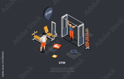 Concept Of Sports Activity Bodybuilding And Physical Exercises. Characters On Apparatus Making Excercises For Different Muscle Groups. Fitness Workout In Gym. Isometric 3d Cartoon Vector Illustration