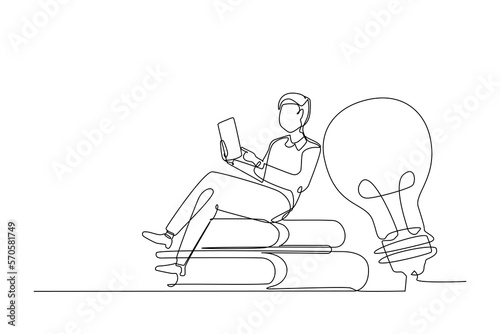 Man sitting on a stack of book while reading to get the knowledge and idea. single continuous line drawing vector illustration for educational design concept