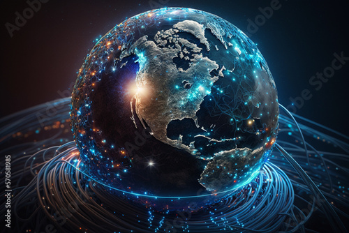 Fibre optics around blue planet. Generative AI
