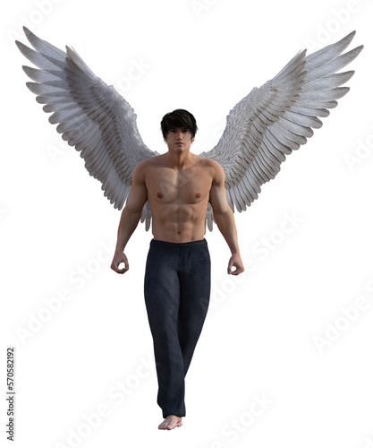 Sexy shirtless fantasy male angel in a fight pose, Book cover design image.3d rendering