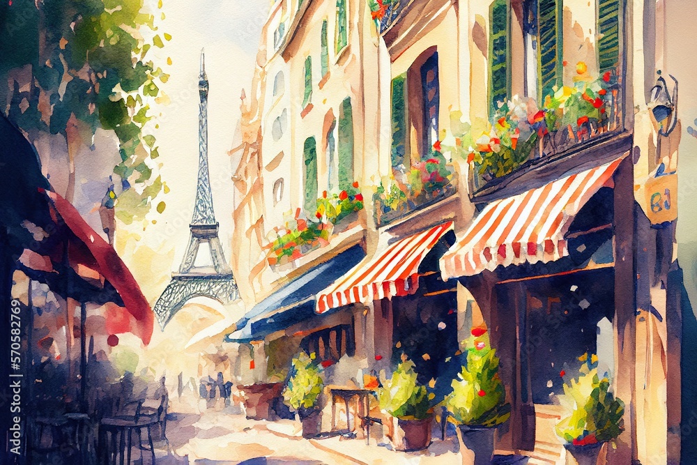 Fototapeta premium Watercolor painting of Paris street with Eiffel Tower on background. Generative AI