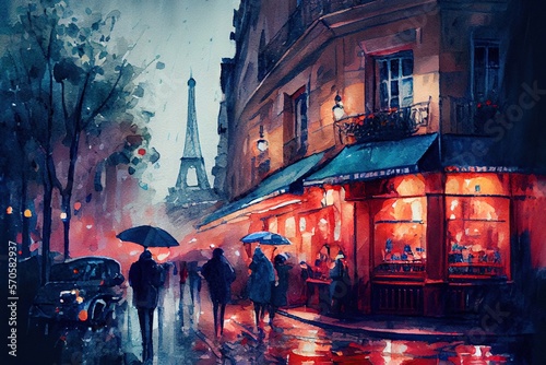 Fototapeta Naklejka Na Ścianę i Meble -  Watercolor painting of night Paris street with Eiffel Tower on background. Generative AI