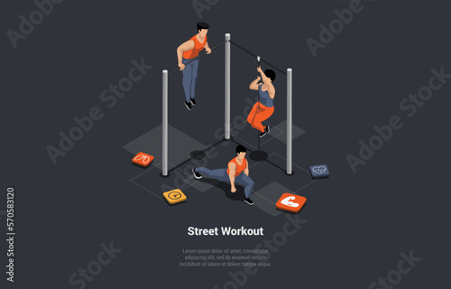 Sports Activity Street Workout And Physical Exercises. Characters On Apparatus Are Making Excercises Outdoors For Different Muscle Groups . Fitness Workout In Gym. Isometric 3d Vector Illustration
