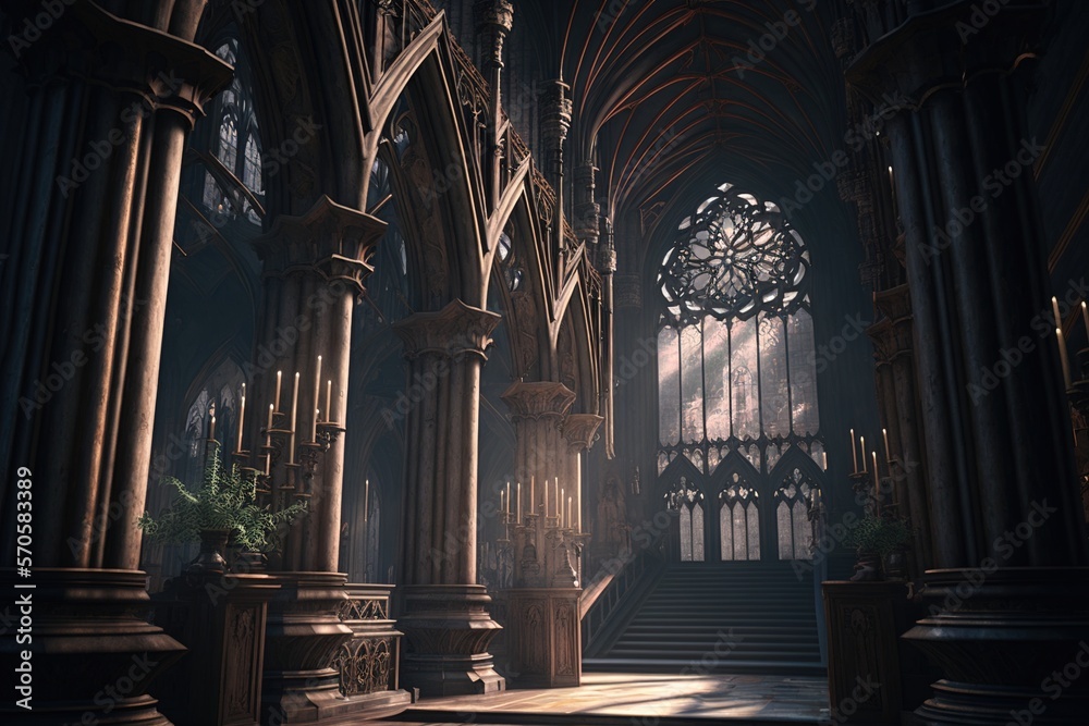 Interior of grand gothic cathedral, with intricate stone carvings and stained glass windows. Generative AI