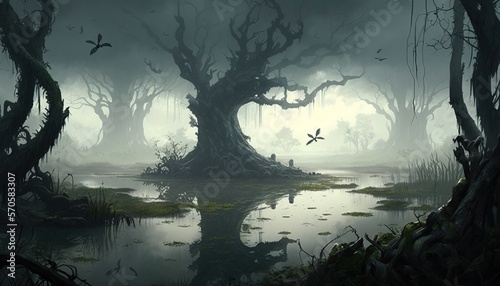 A dark, mist-shrouded swamp, dotted with twisted trees and gnarled roots. Generative AI © jasniulak