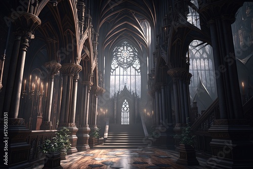 Interior of grand gothic cathedral, with intricate stone carvings and stained glass windows. Generative AI