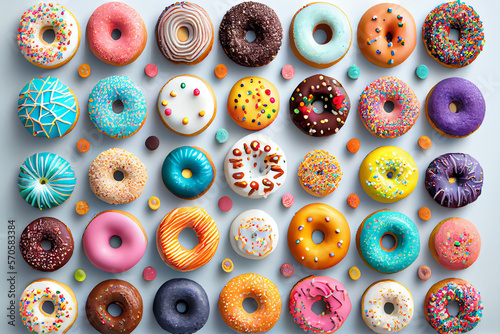Bunter appetitanregender Hintergrund. Leckere glasierte Donuts auf hellen Hintergrund - Generative Ai photo