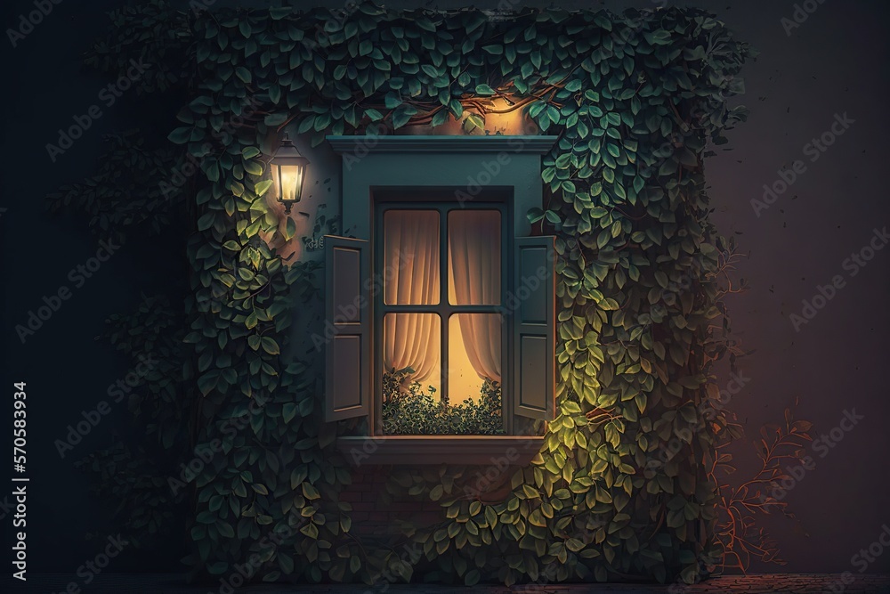 Outdoor window glowing light with ivy tree and facade lantern. Generative Ai art. House in fairy forest Outdoor window glowing light with ivy tree and facade lantern. Generative Ai art. House in fairy forest