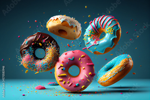 Fliegende Donuts. Mix aus bunten Donuts auf blauem Hintergrund. Generative Ai