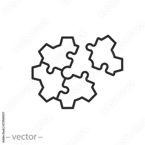 gear puzzle icon, business integration concept, efficiency solution for cogwheel work, thin line symbol on white background - editable stroke vector illustration eps10