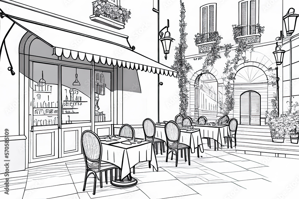 Italy. Street in Roma - sketch illustration for coloring book.