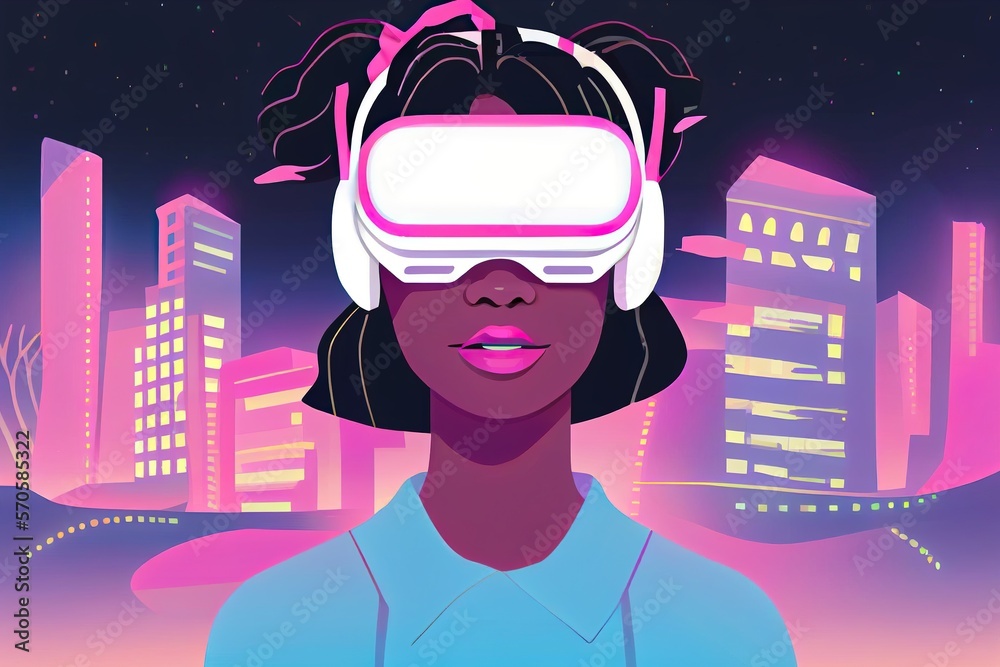 Illustration of woman wearing virtual reality headset in metaverse. Generative AI Illustration of woman wearing virtual reality headset in metaverse. Generative AI