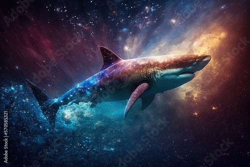 Shark in space, milky way, colorful. Generative AI. © ART IS AN EXPLOSION.