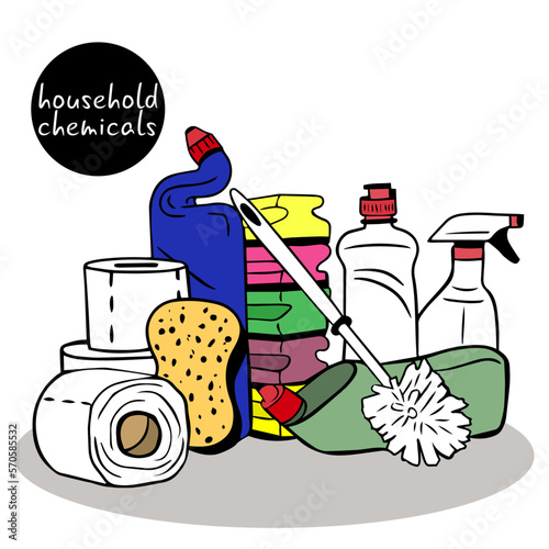 household chemicals. Cleaning services. Vector concept with items and cleaning products. Sanitary and hygienic and chemical products. Spray, sponge and brush, toilet paper. cleaning agent. bottle