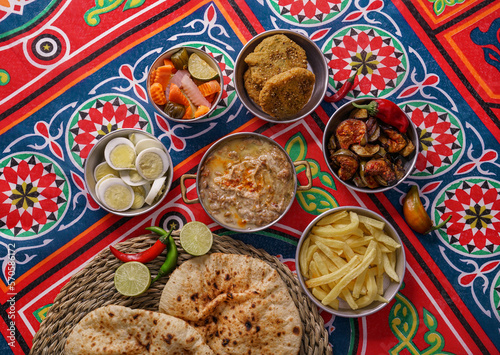 Arabic cuisine, Egyptian Breakfast - Beans; Middle Eastern traditional breakfast. It's also Ramadan 'Suhur' or 'Suhoor'. photo