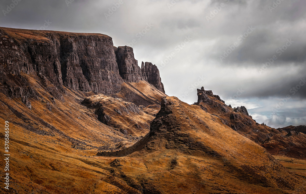 Isle of Skye, Scotland - Dark clouds over the Quiraing on a cloudy spring day at the Scottish Highlands, UK