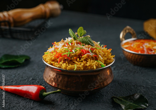 indian meat biryani, Spicy mutton biryani food photography photo