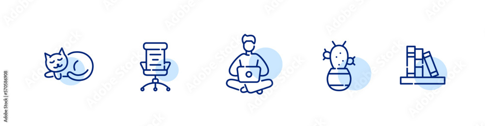 Home office icons. Male freelancer at laptop, cat, cactus and computer chair. Pixel perfect, editable stroke line icon Home office icons. Male freelancer at laptop, cat, cactus and computer chair. Pixel perfect, editable stroke line icon