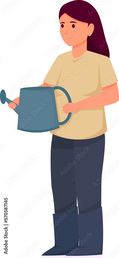 woman holding watering can to water plant