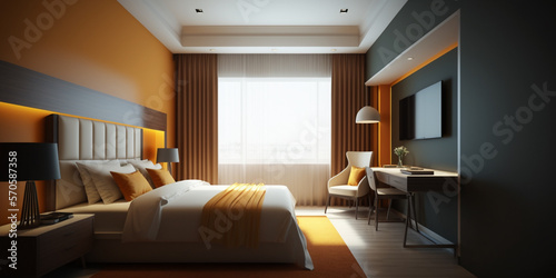 modern hotel room with warm colour walls, interior design. Generative AI © bahadirbermekphoto