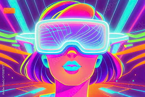 Colorful neon illustration of young woman in virtual reality headset. Generative AI