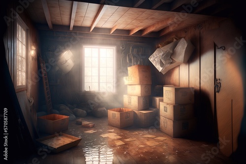 Fotografie, Tablou a deluge of boxes swamped the roof of the wooden attic