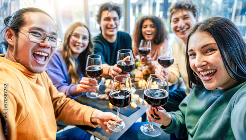 Multiracial friends group taking selfie at home dinner time - Happy woman and men take a picture together while toasting red wine at bar restaurant in happy hour time - Friendship concept