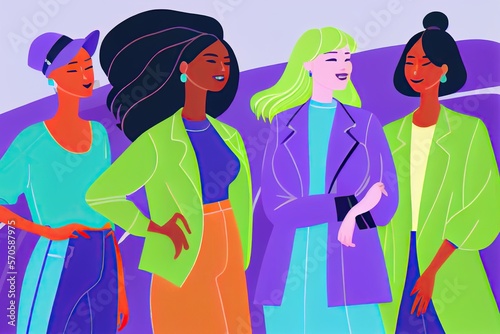 Group of diverse young trendy women, fashion illustration. Generative AI