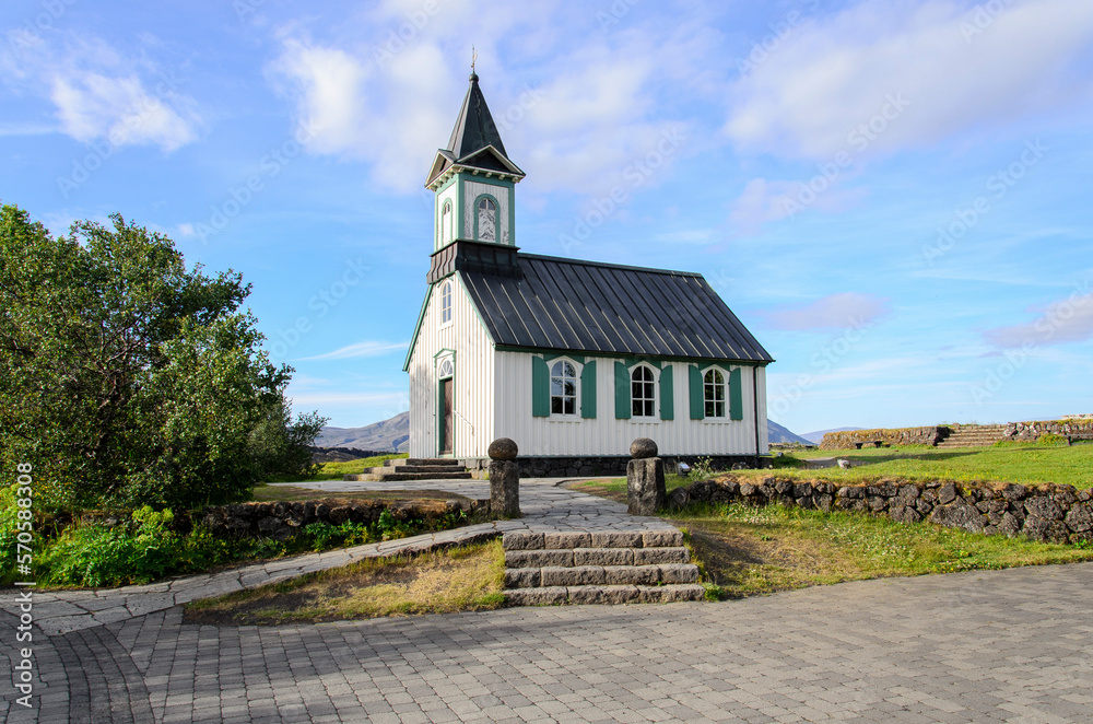 wooden church in Thingvellir, Iceland on a sunny day