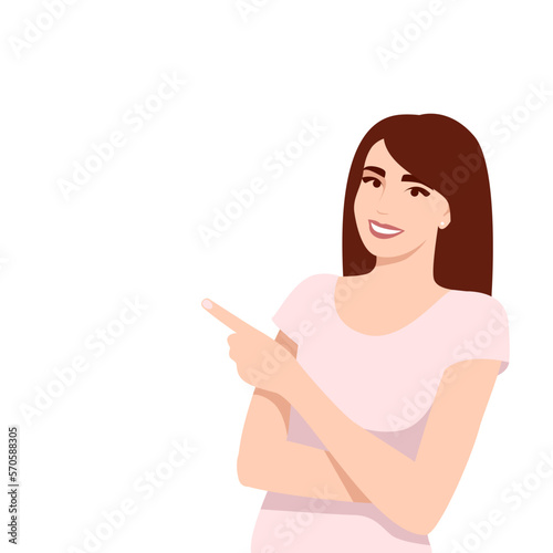 The woman smiles and points her finger at the free space. A character on a white background for your business.
