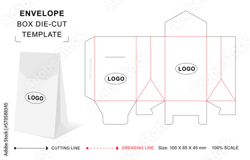 Gift envelope box die cut template with 3D blank vector mockup