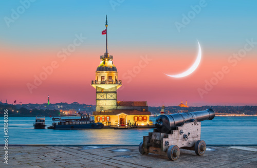 Ramadan Concept - Istanbul Maiden Tower with cannon at sunset (kiz kulesi) © muratart