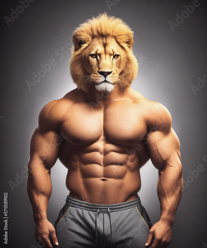 bodybuilder with a lion head created with Generative AI technology © magann
